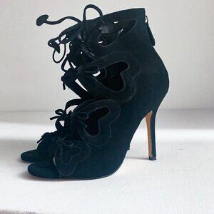 Isa Tapia Balck Suede Heart Motif Lace up Laser cut Booties  36